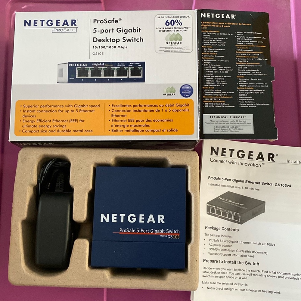 NetGear ProSafe GS105 v4 5-Port Gigabit Ethernet Smart Switch With Power Cable
